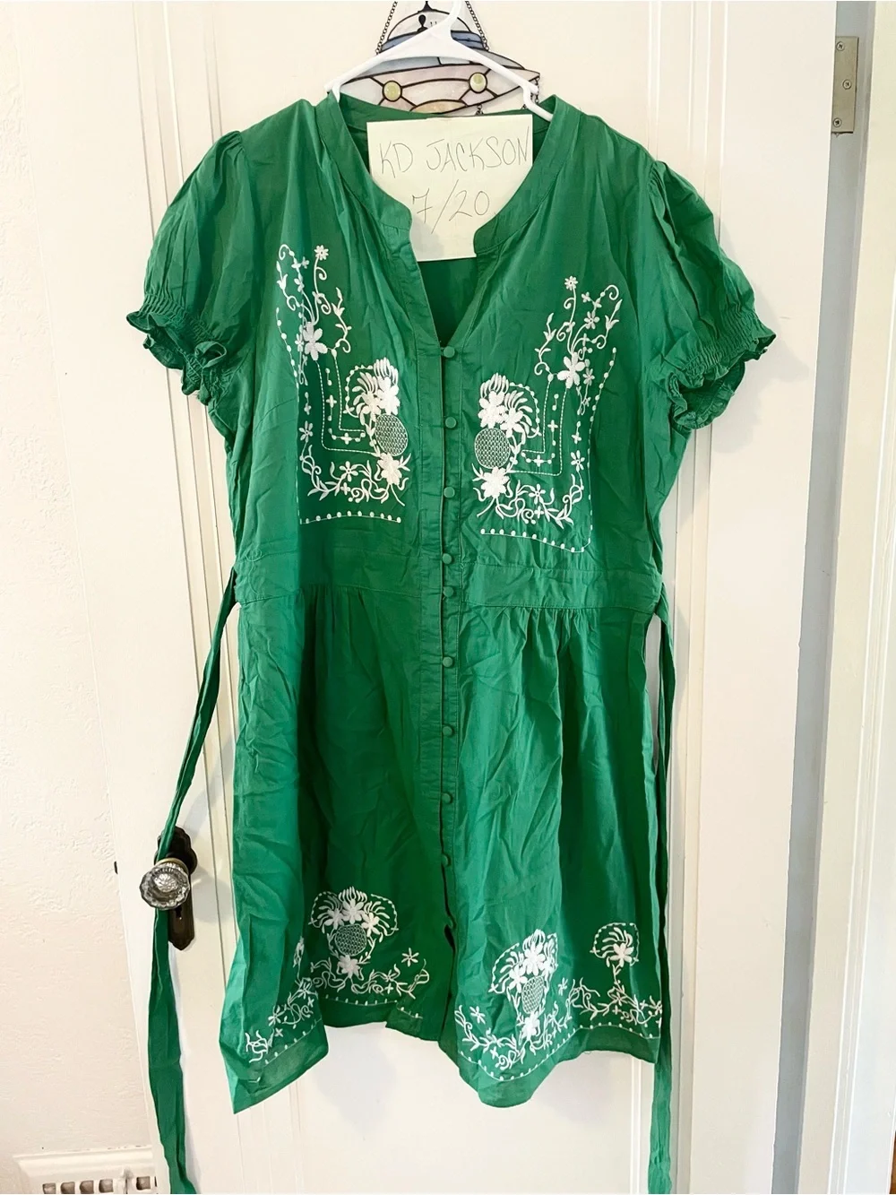 ModCloth Green Embroidered Button-Front Dress